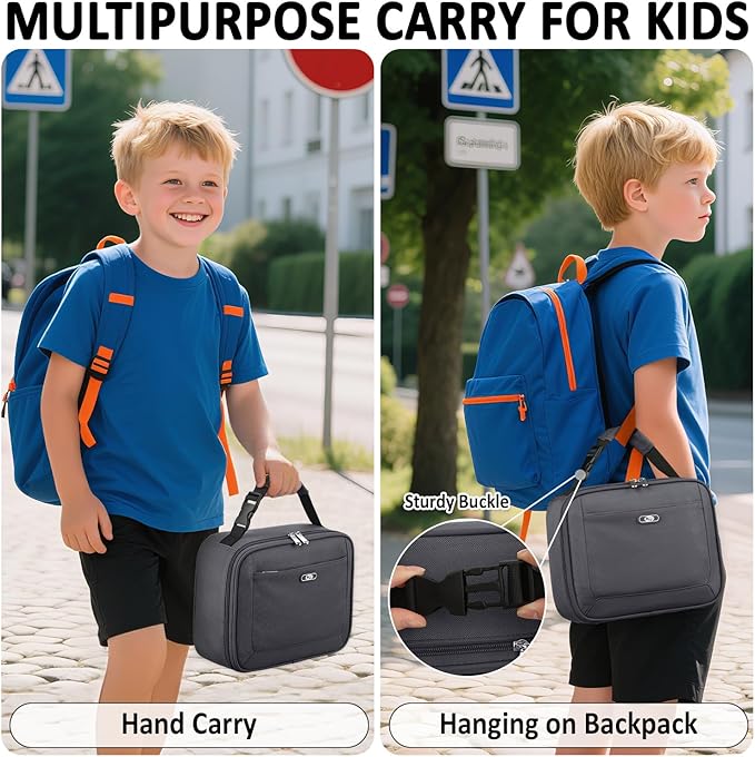 Lunch Box Kids Insulated Lunch Bag for Boys Girls Cute Reusable Lunch Tote Bag Waterproof Portable Thermal Lunch Box Kids for School Picnic Travel Grey