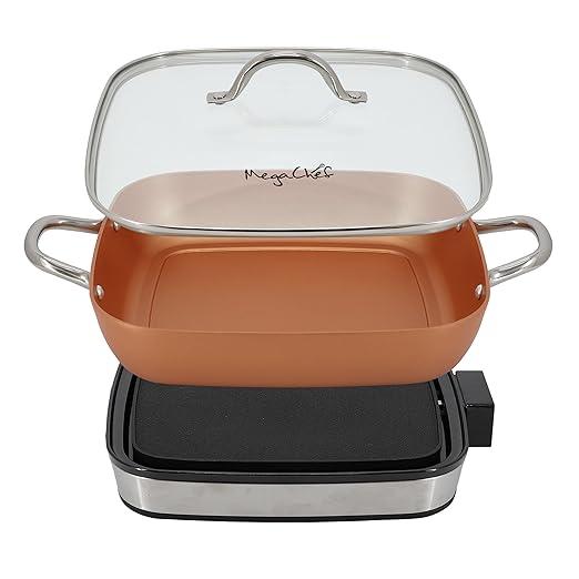 MegaChef Electric Fry Pan with Copper Non-Stick Coating, Tempered Glass Lid & Adjustable Temperature Control, Versatile Small Kitchen Appliance (11.81 Inch Fry Pan)