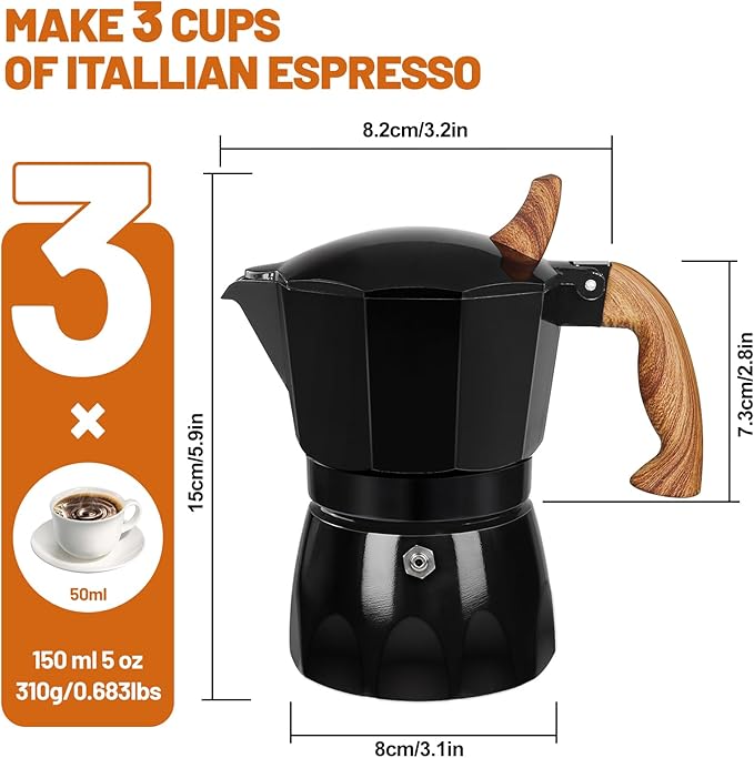 3 Cup Aluminum Espresso Stovetop Moka Pot Express Coffee Maker Percolator Italian Classic Mocha Coffee Machine for Italian and Cuban Cafe Brewing for Home & Camping 150ml 5oz