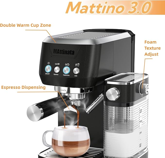 MAttinata Cappuccino Machine 20 Bar, Professional Espresso Machines for Home and Office with Automatic Milk Frothering System, Barista Compact Latte Maker for Coffee Lovers, Stainless Steel-Black