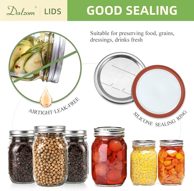 Dalzom® 72Pcs Canning Lids with 72Pcs Rings Regular Mouth, Premium Mason Jar Lids with Rings for Ball, Kerr Jars - Food Grade Material, 100% Fit & Airtight for Regular Mouth Mason Jars