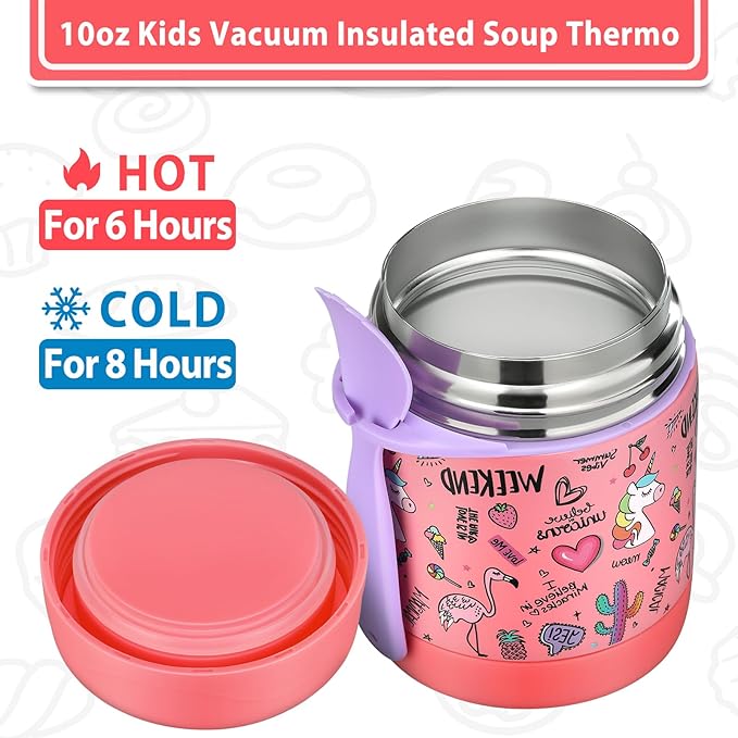 Insulated Soup Jar for Kids - 10oz, Leak Proof, Stainless Steel, Wide Mouth, Pink-Flamingo