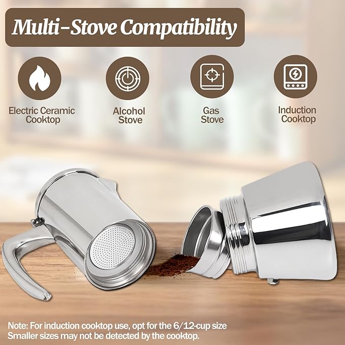 2 Cup Thickened Moka Pot 304 Stainless Steel 100ml Italian Espresso Coffee Maker Stovetop CoffeeMakers Mocha Pot Percolator for Induction Stove Classic Cafe Makers Portable for Easy Brewing