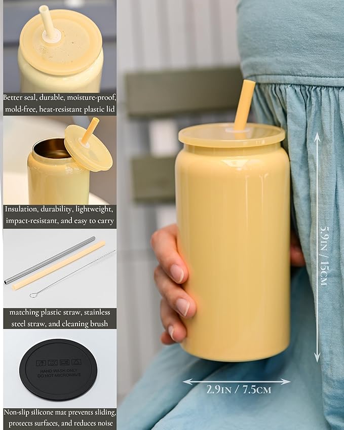 6 Pack Glass Cups With Lids and Straws, 16oz Stainless Steel Cup for Beer, Iced Coffee, Smoothie, Whiskey, Soda, Tea, Water - Sublimation With Coaster
