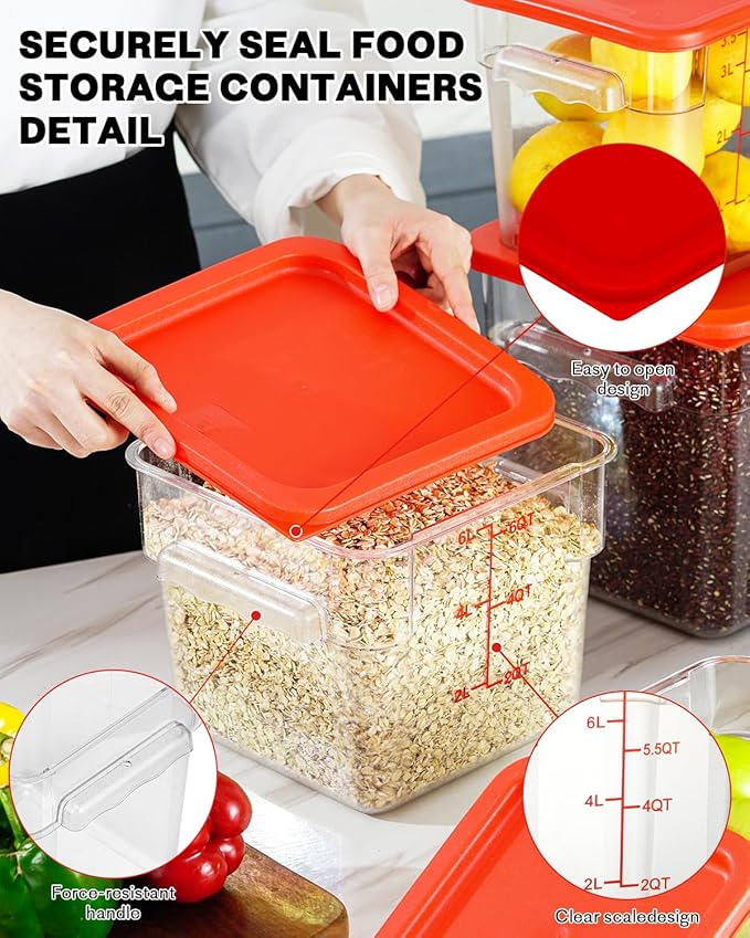 8QT NSF Food Storage Containers: 6PCS[Food Grade][Hot&Cold Resistant] Clear Food Storage Containers with Scales Handles for Home Restaurant Kitchen Storage Pizza Proof Dough, BPA Free (N3)