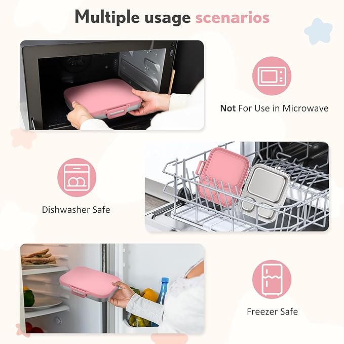Howeemo Stainless Steel Bento Box Kids, Leak Proof Metal Bento Lunch Box,3 Compartments 304 Stainless Steel Bento Lunch Containers for School and Office, BPA-Free(Pink)