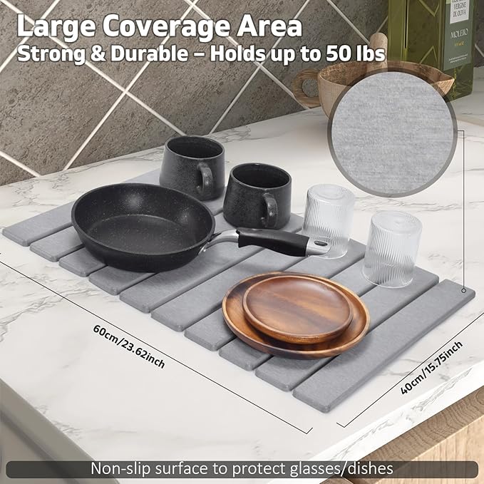 Stone Dish Drying Mat for Kitchen Counter, 24"(L)×16 (W) Foldable Absorbent Diatomaceous Earth Dish Drying Mats, Kitchen Counter Mats for Dishes Bottles Cups, Match Any Countertop - Dark Grey