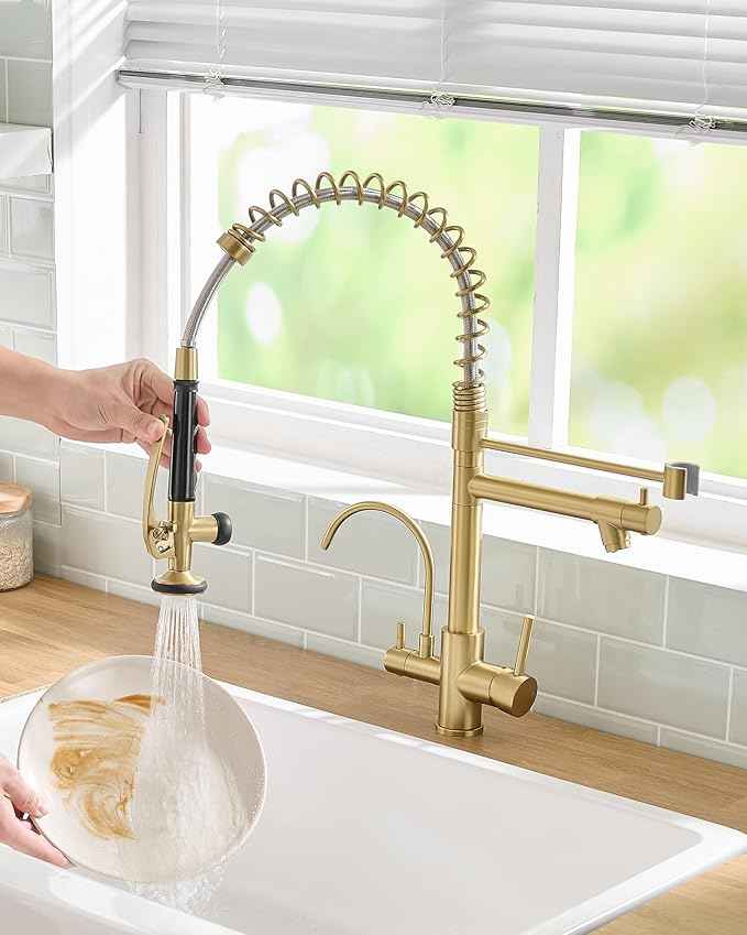 Fapully Commercial 3 Way Kitchen Faucets with Pull Down Sprayer and Water Filler,3 in 1 Kitchen Sink Faucet with Drinking Water Faucet Brushed Gold
