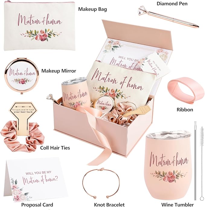CARAKNOTS Matron of Honor Proposal Gift Box Set, Will You Be My Matron of Honor Gift, Pink Ready to Gift Bridesmaid Box with 12 oz Stainless Steel Tumbler, Bridal Party Bachelorette Wedding Favor