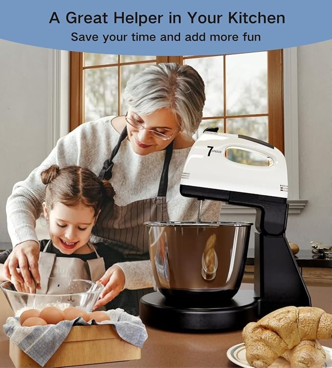 Stand Mixers, 7 Speeds With 3QT Stainless Steel Bowl, Stand and Hand Mixer with Dough Hook, Whisk, Mixing Beater for Baking, Cake, Cookie, Kneading (VL1)