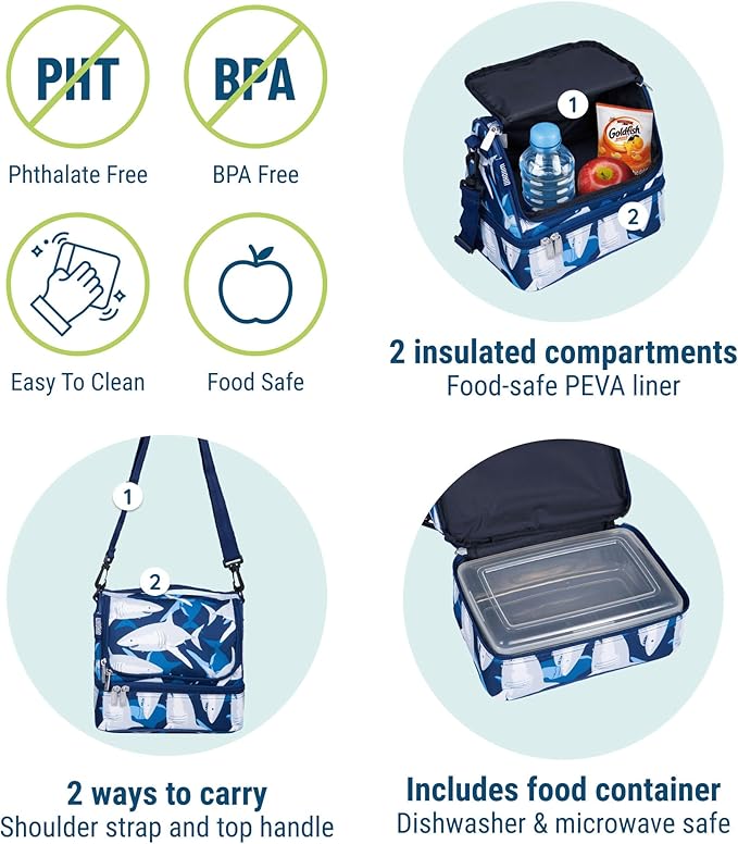 Wildkin Kids Two Compartment Insulated Lunch Bag – Keeps Food Hot or Cold, Easy-Clean Lining, Leak-Resistant & BPA-Free – Boys & Girls, Ideal for School, Travel & Daycare – Sharks