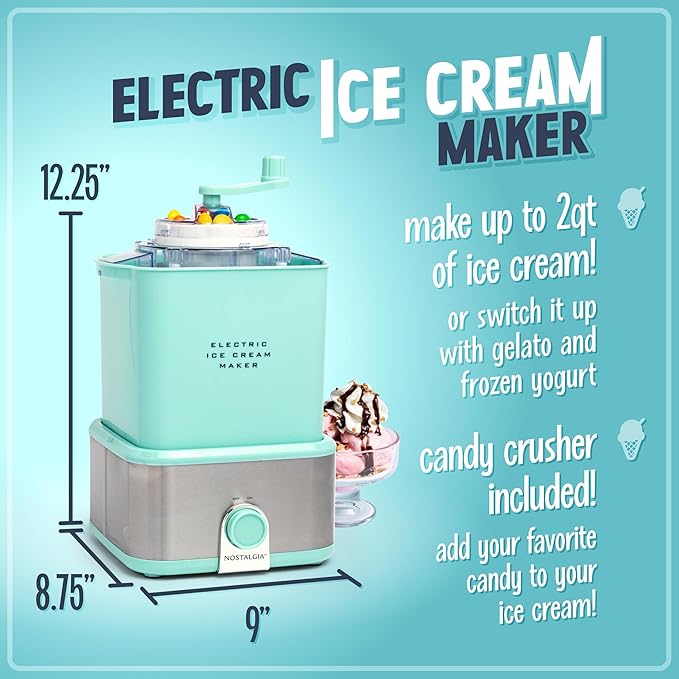 Nostalgia Electric Ice Cream Maker - Old Fashioned Soft Serve Ice Cream Machine Makes Frozen Yogurt or Gelato in Minutes - Fun Kitchen Appliance - Modern Style - Aqua - 2 Quart