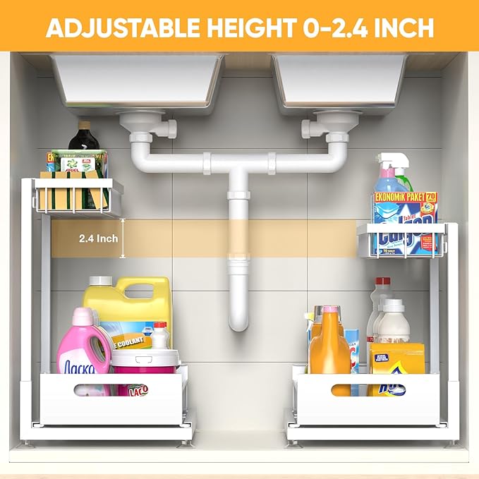 Saydear Under Sink Organizer Storage 2-Tier Premium Metal Pull-Out Kitchen Cabinet Organizer with Sliding Drawer, Height Adjustable, Heavy Duty for Kitchen & Bathroom Organizers 1 Pack White