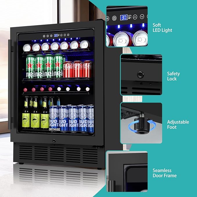 ORYMUSE Beverage Refrigerator 24 Inch, 180 Can Drink Fridge with Glass Door, Under Counter or Freestanding Beverage Cooler for Soda, Beer, Wine – Quiet Cooling for Kitchen, Bar, Office, Black