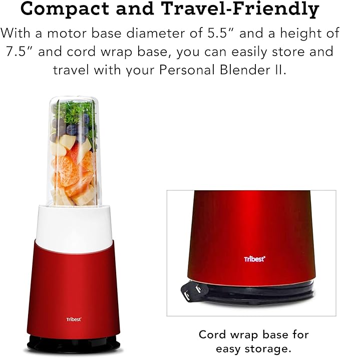 Tribest Personal Blender II, Small Portable Blender for Shakes & Smoothies with BPA-Free Cups, Red