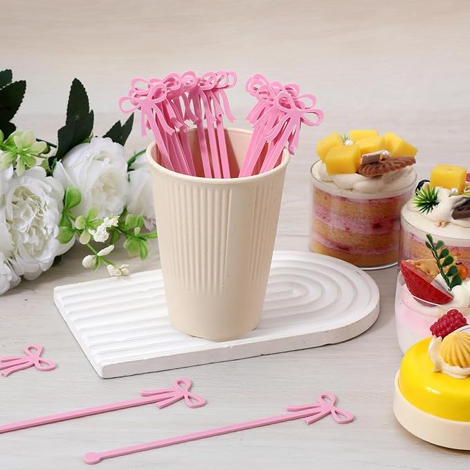 20PCS Drink Stirrers Cocktail - Shimmeroo Pink Bow Acrylic Drink Stirrers, 6 Inch Long Reusable Plastic Stirrer for Wedding Birthday Bridal Bachelorette Party Supplies Cupcake Decorations