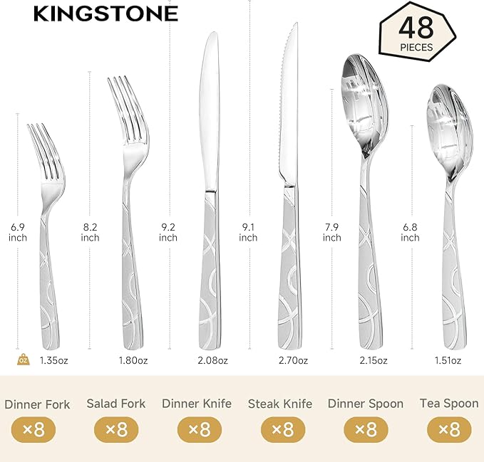 HIKAA 48PCS Stainless Steel Silverware Set with Steak Knives, Modern Flatware Set for Kitchen, Mirror Polished Cutlery Set with Forks, Spoons and Knives，Dishwasher Safe