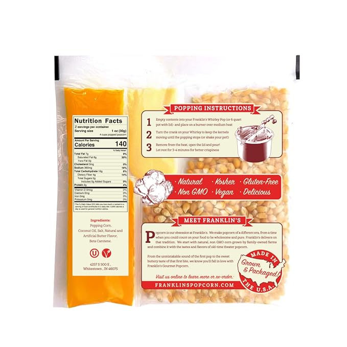 Franklin’s Gourmet Popcorn All-In-One Popcorn Packs for Popcorn Machine - 8oz Pack of 10 - Made in USA - Packs of Corn Kernels with Buttery Salt & Oil