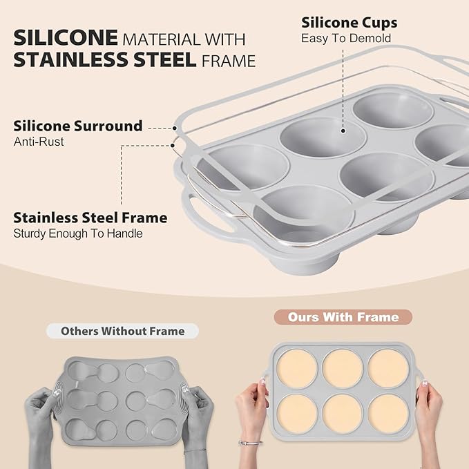 3Pcs Silicone Muffin Pan 6, 12 and 24 Cup with Metal Frame, Non Stick Jumbo Cupcake Pan with Handles, BPA Free Silicon Mini Muffin Tin Regular Tray For Baking,Egg Bites,Mold Light Grey