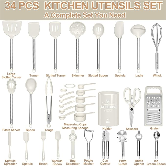 Kitchen Utensils Set-Umite Chef 34 Pcs Silicone Cooking Utensils Set for Nonstick Cookware-Silicone Spatulas Set, Stainless Steel Handle-White Kitchen Gadgets Tools, Pots and Pans Accessories