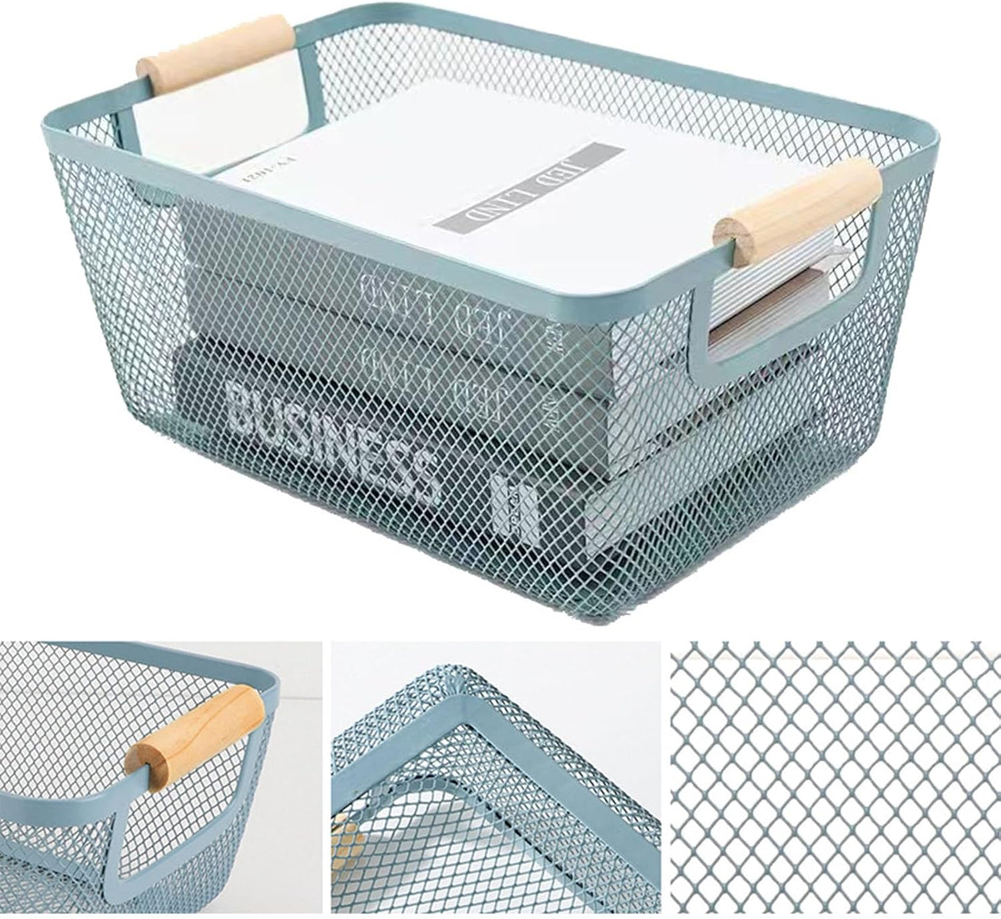 Metal Mesh Steel Basket, Small Wire Storage Organizer Baskets Multi-function Hanging Kitchen Basket with Wood Handle for Kitchen Bathroom Picnic Home, Rectangle-Blue