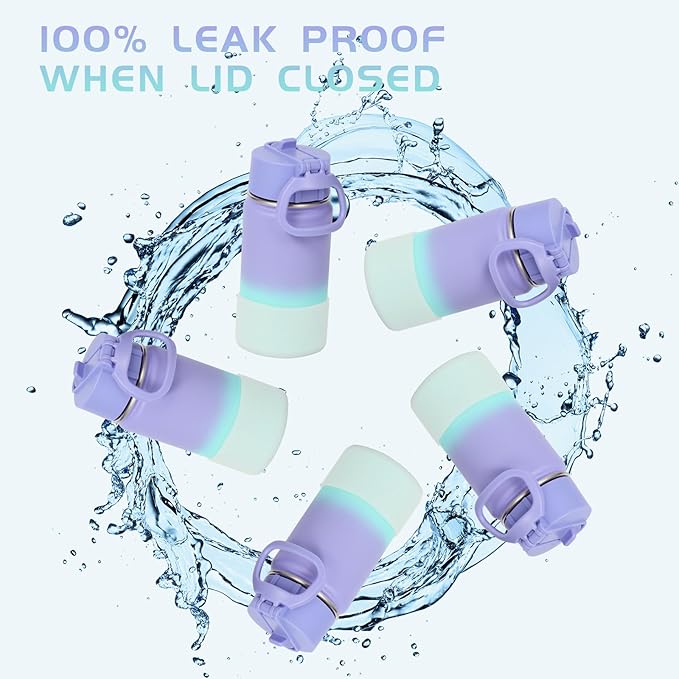 Volhoply 14oz KIds Water Bottle with Straw Lid and Silicone Boot Bulk 2 Pack,Stainless Steel Insulated Bottles for Boys & Girls Multipack, Double Wall Vacuum Leakproof Bottles(Purple Blue,2)