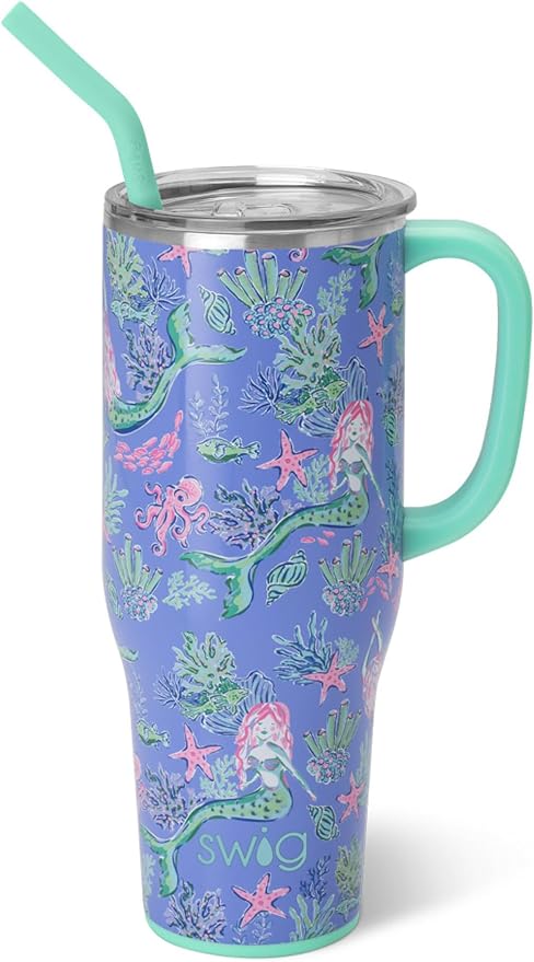 Swig Life 40oz Mega Mug, 40 oz Tumbler with Handle and Straw, Cup Holder Friendly, Dishwasher Safe, Extra Large Insulated Tumbler, Stainless Steel (Under the Sea)