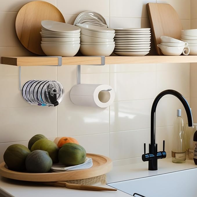 2 Pack Tumbler Lid Organizer, Horizontal Tumbler Lid Storage Hook Up to 20 Lids, Space Saving Cup Lid Holder Under Cabinet Tumbler Lid Hook for Kitchen Organizer, Paper Towel Hanger(Round&Flat, Grey)