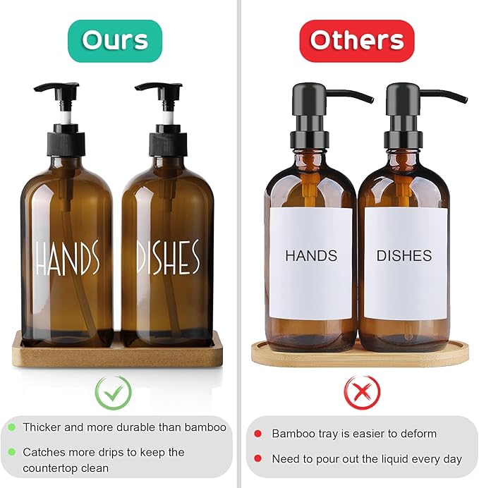 ALELION Amber Dlass Soap Dispenser for Kitchen - 16 OZ Hand and Dish Soap Dispenser Set with Acacia Wood Tray - for Kitchen Decor and Accessories