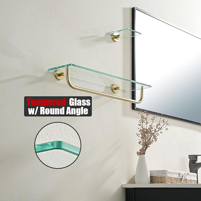JQK Bathroom Glass Shelf, Shelf with 19 Inch Towel Bar Tempered Glass Shower Storage 20 by 5 inches, 304 Stainless Steel Brushed Gold Wall Mount, TGS100L20-BG