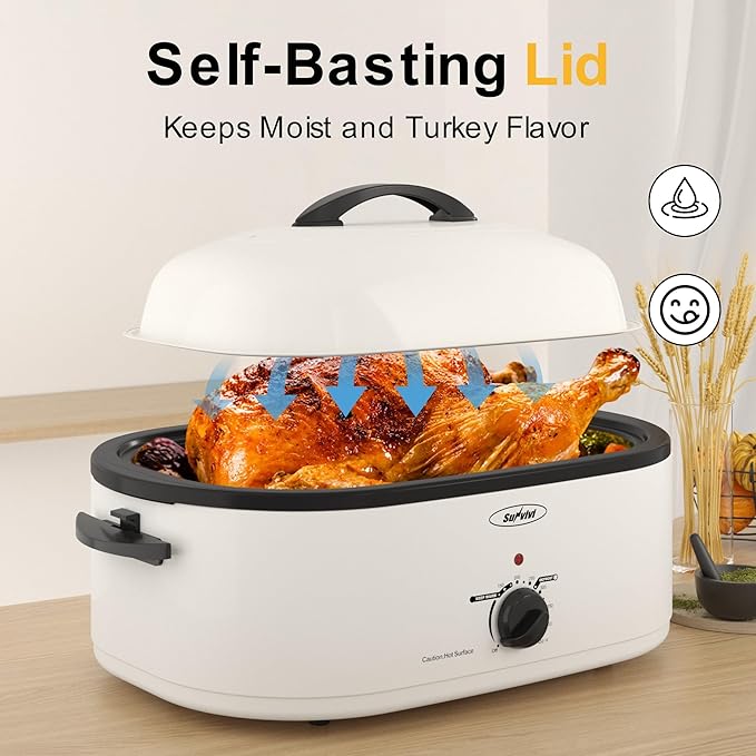 Royalcraft Roaster Oven with Self-Basting Lid, 18qt Electric Roaster with Removable Pan & Rack, Turkey Roaster Oven with Defrost & Warm Function, Stainless Steel, White