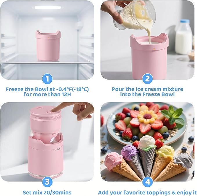 BRIOBITE Ice Cream Maker,Rechargeable Soft Ice Cream Machine with Low Noise,Compact for 1-2 Servings,Perfect for Sorbet,Gelato,Frozen Yogurt,Pink