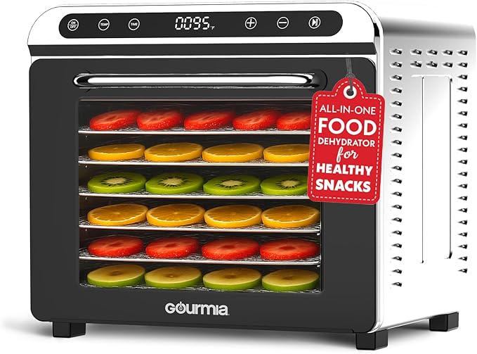 Gourmia 8 Tray Digital Food Dehydrator - 360° Airflow, 30 Minute–24 Hour Timer, Glass Door, Jerky, Fruits, Veggies & More, 95°F–185°F, 625W, Stainless Steel