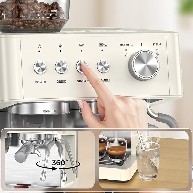 Kismile 20-Bar Espresso Machine with Grinder, Expresso Coffee Machines Coffee Maker with Grinder, Milk Frother/Steam Wand & Tamping Tools for Cappuccino & Latte