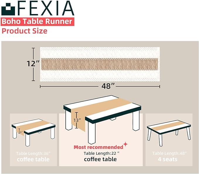 FEXIA Boho Table Runner for Thanksgiving Home Decor 48 Inches Long Farmhouse Rustic Table Runner Cream & Brown Macrame(Without Tassel) for Dining Bedroom Decor Rustic Bridal Shower (12x48 Inches)