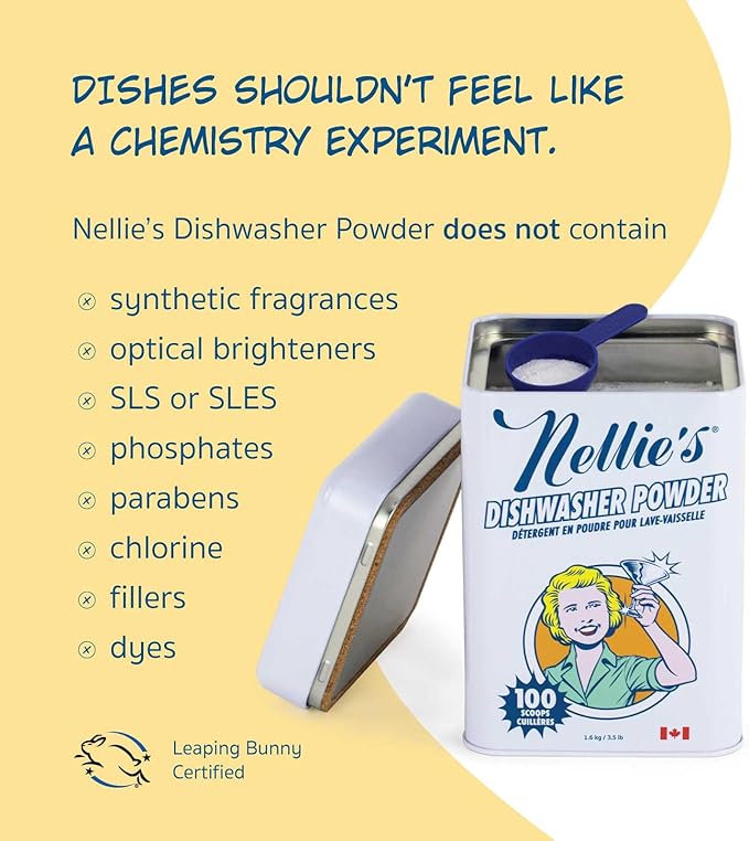 Nellie's Dishwasher Powder - Tough on Food Residue, Plant-Based Ingredients, Spotless Clean, High-Efficiency Dishwashing Solution - 100 Scoop Tin - (Made in Canada)