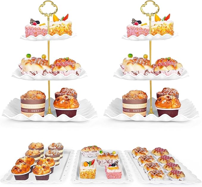 5 Pcs Dessert Table Display Set - 2 Pcs 3-Tier Dessert Display Stands & 3 Pcs Serving Tray - Dessert Trays Dessert Stands Treat Table Displays Set for Tea Parties,Birthdays & Baby Showers