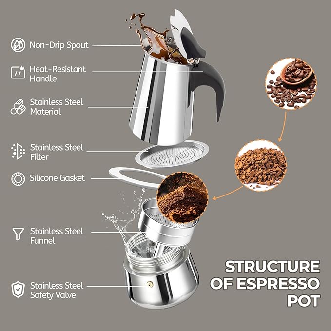 6 Cup 300ml Moka Pot Stainless Steel Espresso Coffee Maker Stovetop Coffeemaker Italian Classic Style Brewing Greca Cafe Mocha Machine for Cafeteras Lover Camping Travel and Home Use 10oz