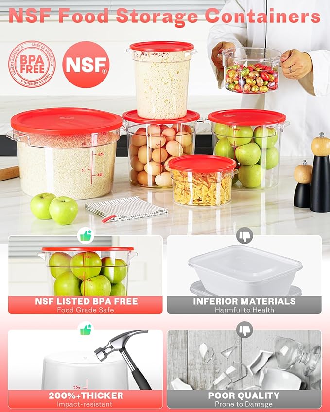 2QT NSF Food Storage Containers: 8 PCS [Food Grade][Hot&Cold Resistant] Commercial Clear Round Food Storage Containers with Scales Handles for Home Restaurant Kitchen Proof Dough(BPA FREE)