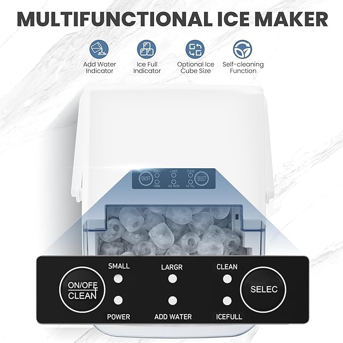DUMOS Countertop Ice Maker with Handle, 26lbs/24H Portable Ice Machine, 9 Bullet Cubes Ready in 6 Mins, Self-Cleaning, Quiet Compact for Home, Kitchen, RV, Camping, Bright White