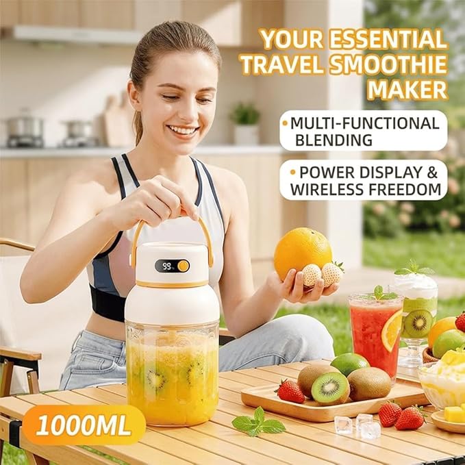 Portable Electric Juicer Cup with Zero Cord Hassle, 800-1200ML Personal Rechargeable Blender Portable for Shakes and Smoothies, with 36 Stainless Steel Blades, Straw and Two Lids (1000ML/35.27OZ)