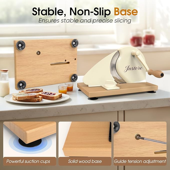 Manual Bread Slicer for Homemade Bread, Adjustable Thickness and Evenly Slicing, Sourdough Bread Slicer with Hand Crank, Clear Scale Line, Non-Slip Suction Base & Sharp Blade