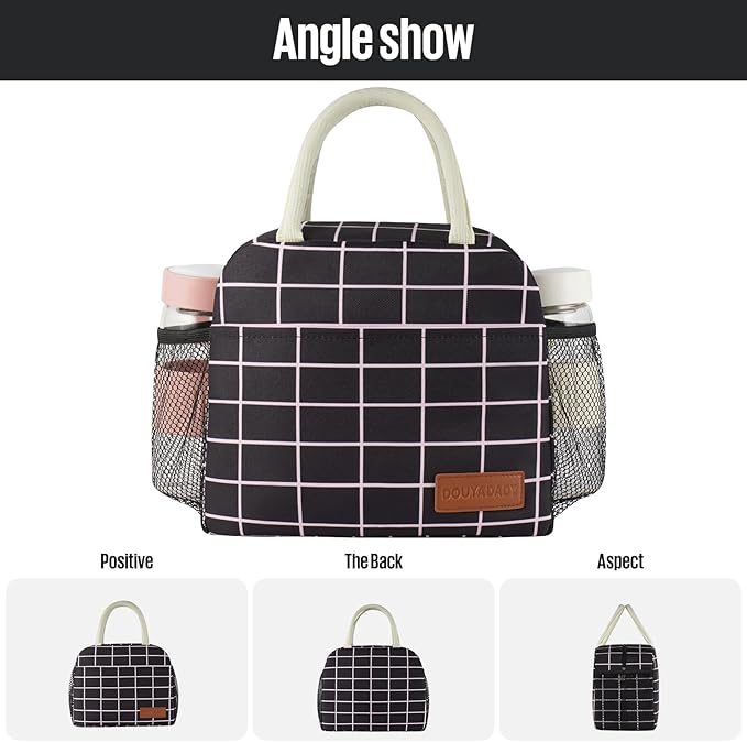 douyadady Lunch Bag Women/Men Lunch Box Women/Men (Black+Pink Blocks)