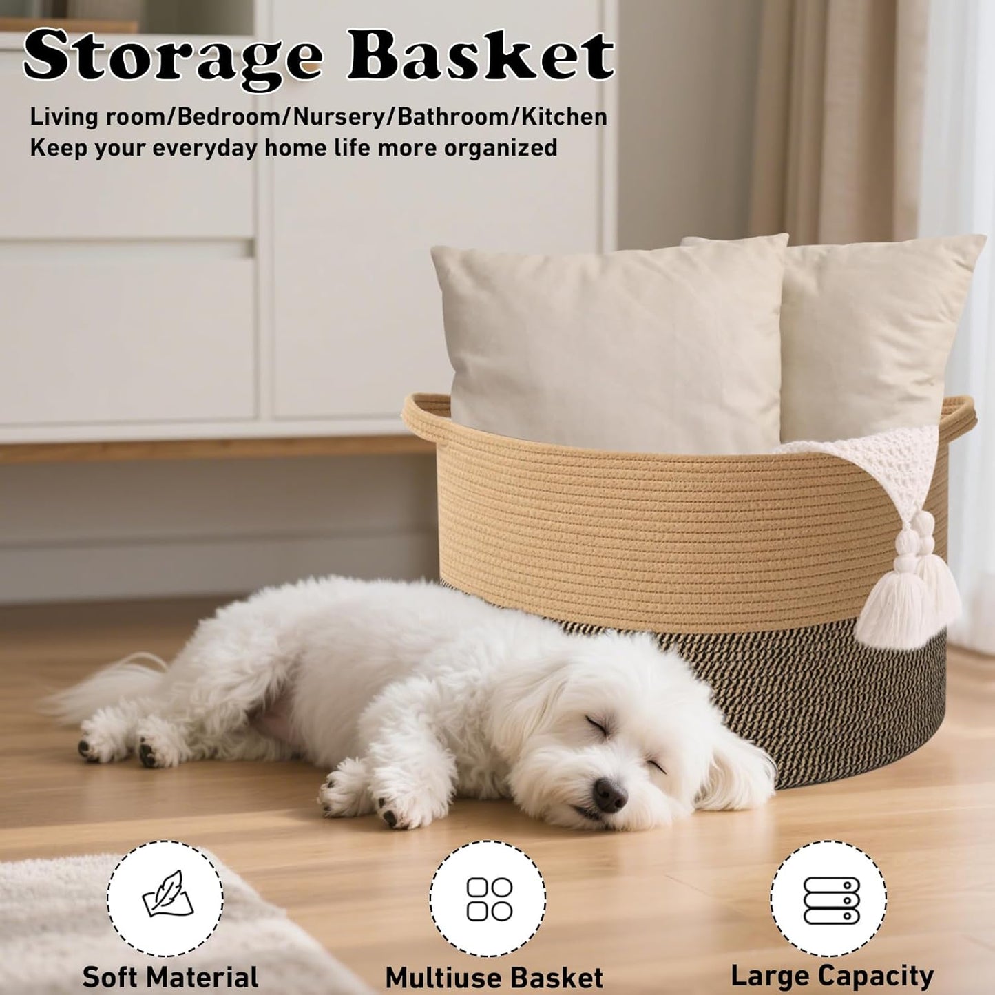 Large Blanket Basket for Organizing,115L Closet Organizers and Storage Bins Box for Shelves Woven Rope Storage Baskets,Living Room,Bedroom,Dorm,Laundry room (Jute&Black)