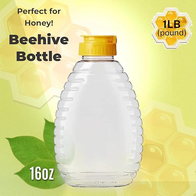 Skywin TidyFriend Honey Bottles 16 oz – 10 Pack Empty Honey Squeeze Bottle with Flip Lid & Seal, Clear Plastic Beehive Design, PET Containers