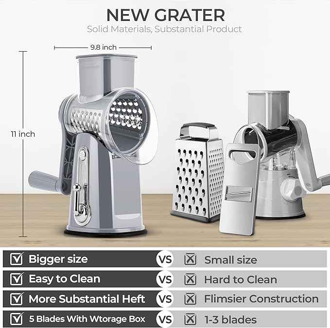 SUSTEAS Rotary Cheese Grater with Handle - Vegetable Shredder with 5 Well-designed Blades & Strong Suction Base,Round Mandoline Slicer & Food Chopper for Kitchen,with Blade Storage Box(Gray)