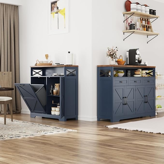 Befrases Tilt Out Trash Can Cabinet for 13 * 1 Gallon Trash Can, Farmhouse Kitchen Island Cabinet with Adjustable Shelf for Hidden Laundry Basket, Dog Proof Garbage Can for Dining Living Room, Blue