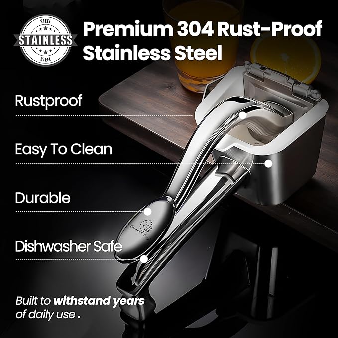 Stainless Steel Lemon Squeezer, Heavy-Duty Orange Juicer, Durable Hand Press Citrus Juicer, Portable Lime Squeezer, Rust-Free, Easy to Clean, Ideal for Kitchen & Bar, 5-Year Warranty
