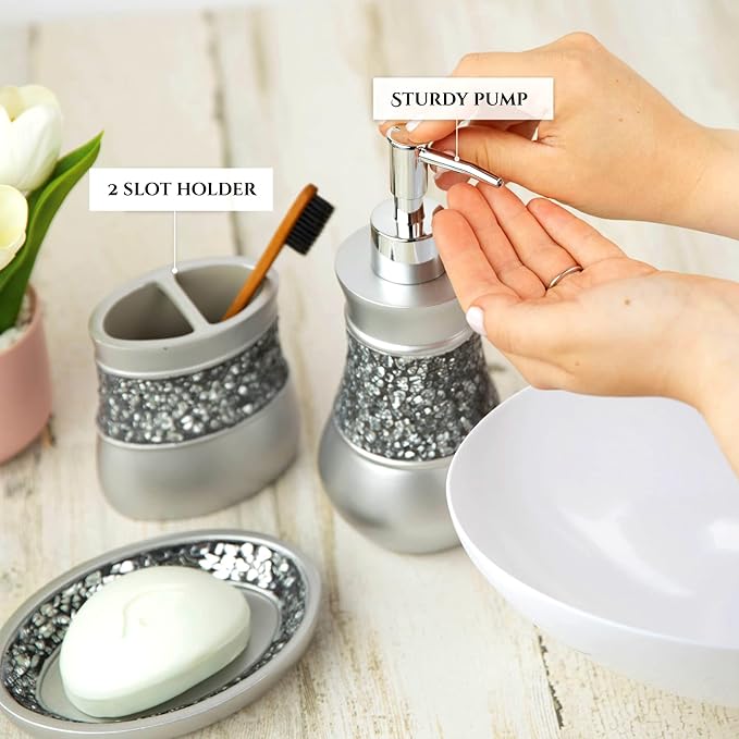 Crackled Glass Silver Toothbrush Holder And Toothpaste Holder For Bathroom - Elegant Crackled Glass Bathroom Toothbrush Organizer - Decorative 2 Slot Family Toothbrush Cup Holds Multiple Toothbrushes