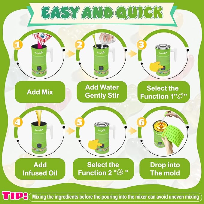 Gummy Maker Machine, Oil Infused Gummy Candy Maker, DIY Edible Gummy, Jelly & Pudding, Gummy Making Kit, ,Include Bear mold, Fruit Mold, Worm Mold & Mixing Stick 5-Years Free Replacement (Green)